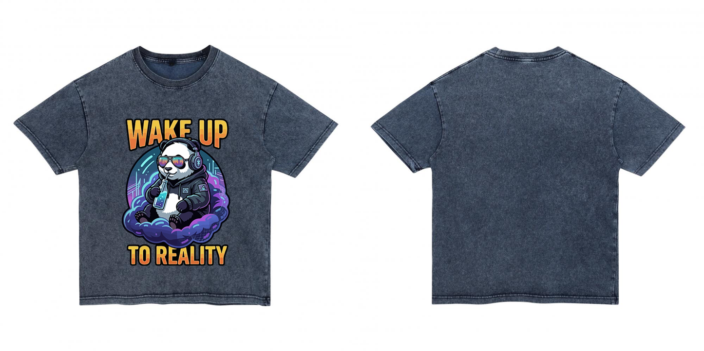 "Wake Up to Reality" Cyber Panda Acid Wash Tee Denim-Effect Washed Cotton