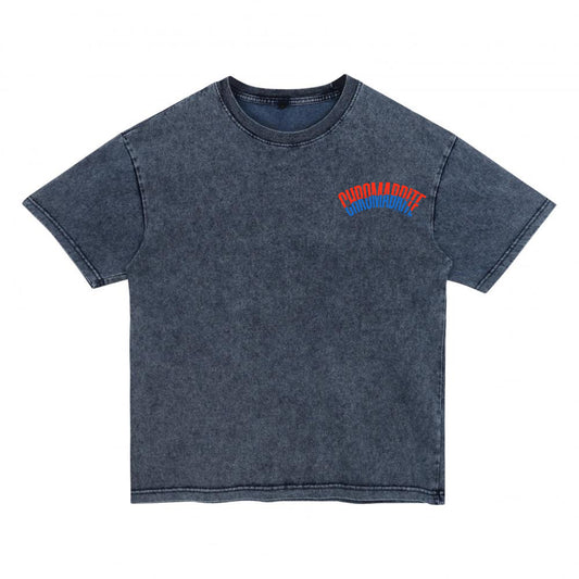 Front view of blue t恤 featuring Arc Narrative Wordmark Denim Washed Tee
