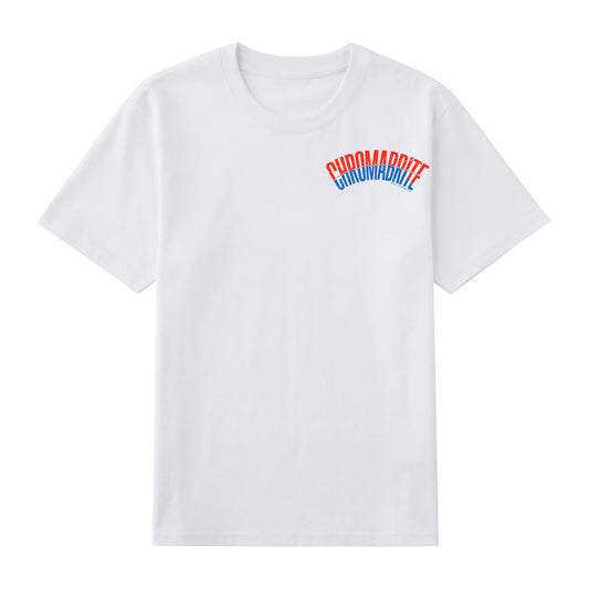 Front view of white t恤 featuring Arc Narrative Wordmark Staple Tee