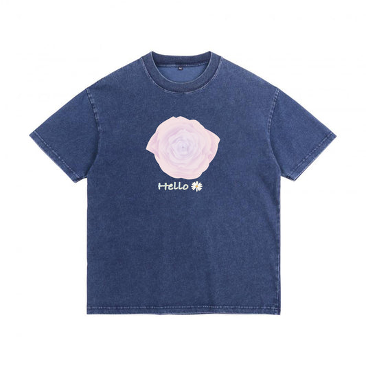 Front view of blue t恤 featuring Blush Whisper Rose Denim Washed Tee