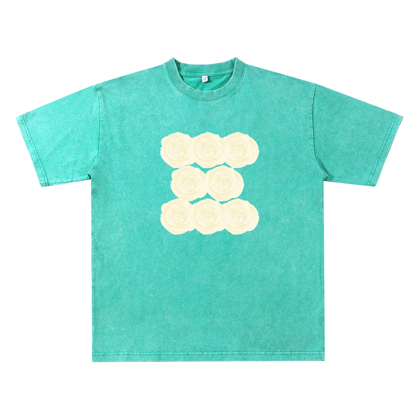 Detail view of green t恤 featuring Sunlit Vanilla Rose Vintage Tee