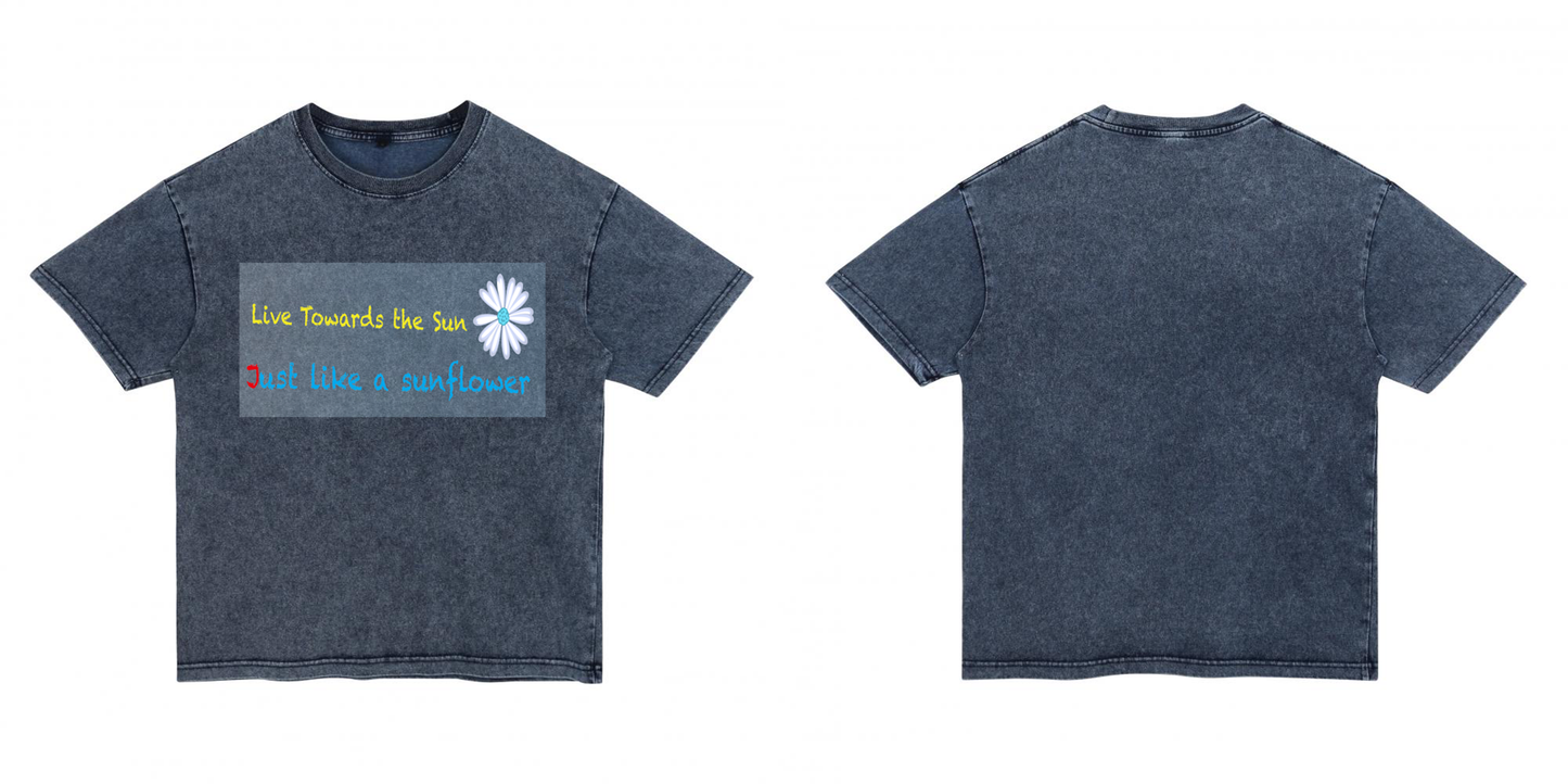 "Live Towards the Sun" Sunflower Acid Wash Tee Denim-Effect Washed Cotton ChromaBrite Clothing