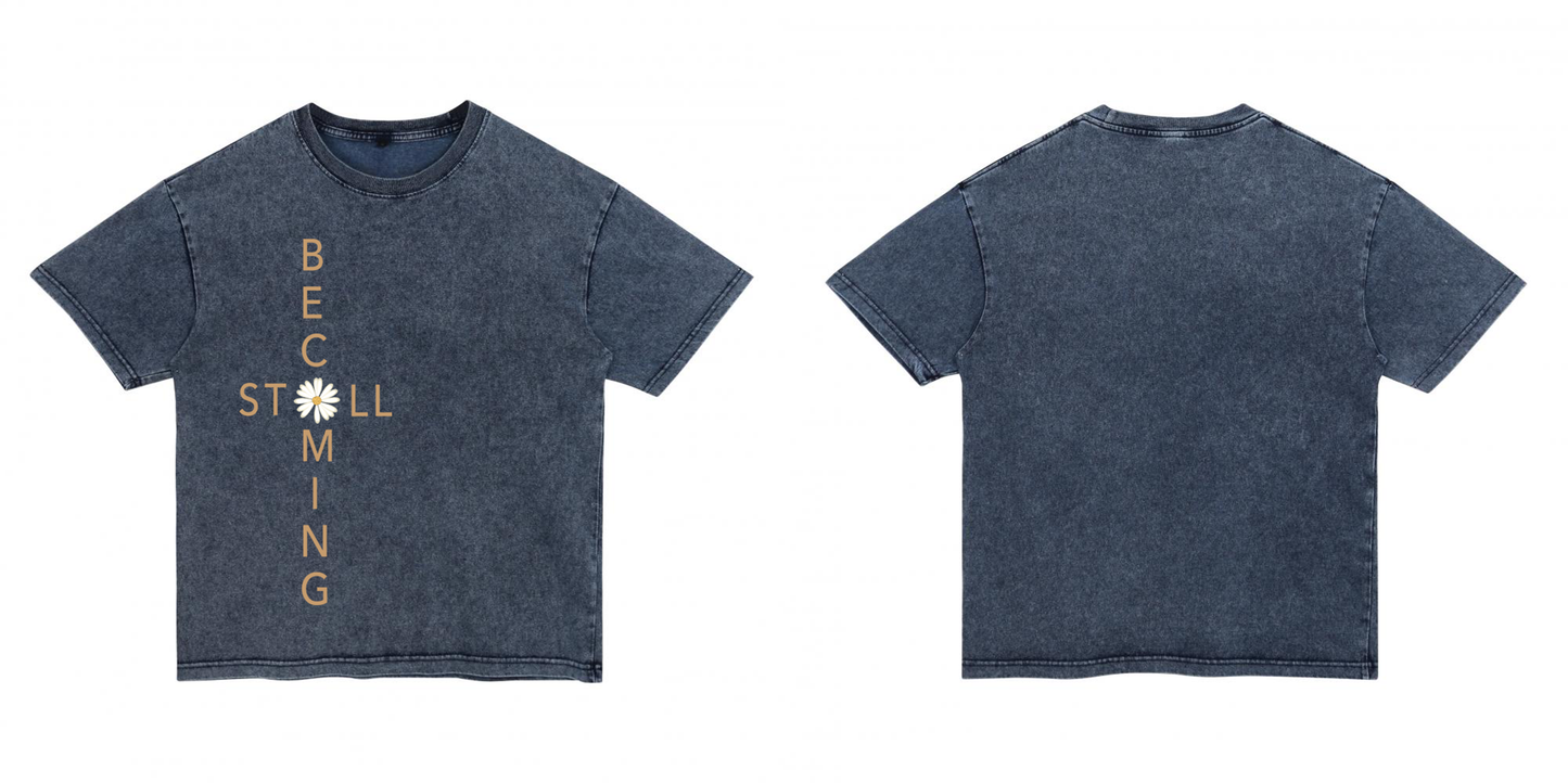 "Still Becoming" Cross-Graphic Acid Wash Tee Denim-Effect Washed Cotton