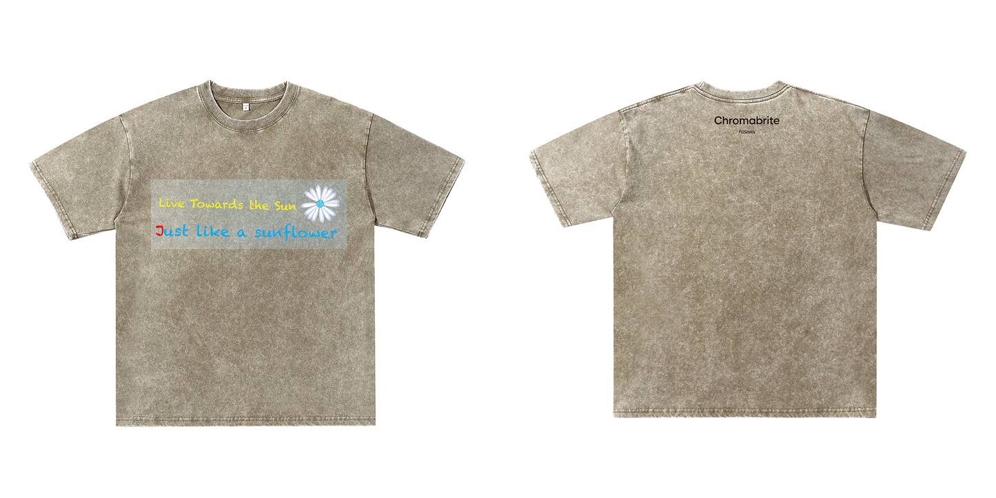 Chromabrite Vintage Acid-Wash Oversized Graphic T-Shirt – "Live Towards the Sun" Streetwear Sunflower Print Washed Cotton Tee ChromaBrite Clothing