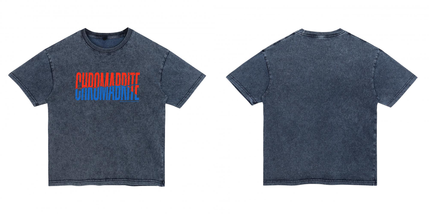 Acid Wash Charcoal Grey T-Shirt Unisex Oversized Drop Shoulder — CHROMADDITE Red Blue Split Print Streetwear Denim-Effect Washed Cotton ChromaBrite Clothing