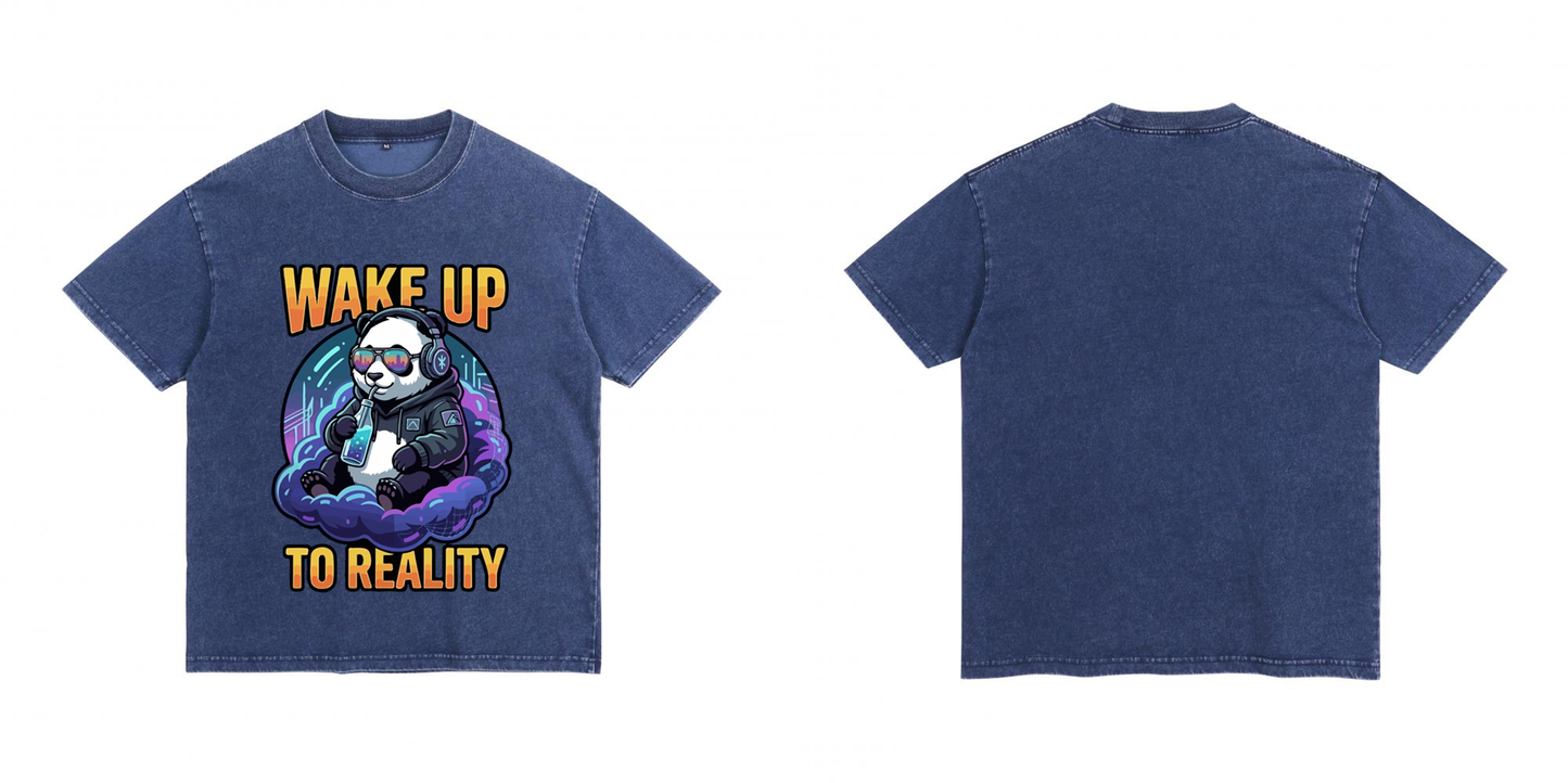 "Wake Up to Reality" Cyber Panda Acid Wash Tee Denim-Effect Washed Cotton