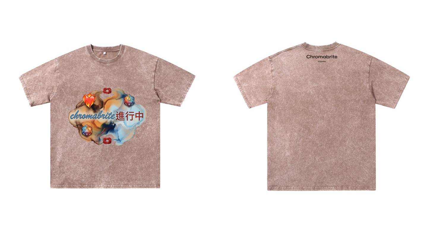 ChromaBrite Vintage Acid-Wash Oversized Graphic T-Shirt – Flaming Heart Dice "In Progress" Streetwear Tee ChromaBrite Clothing