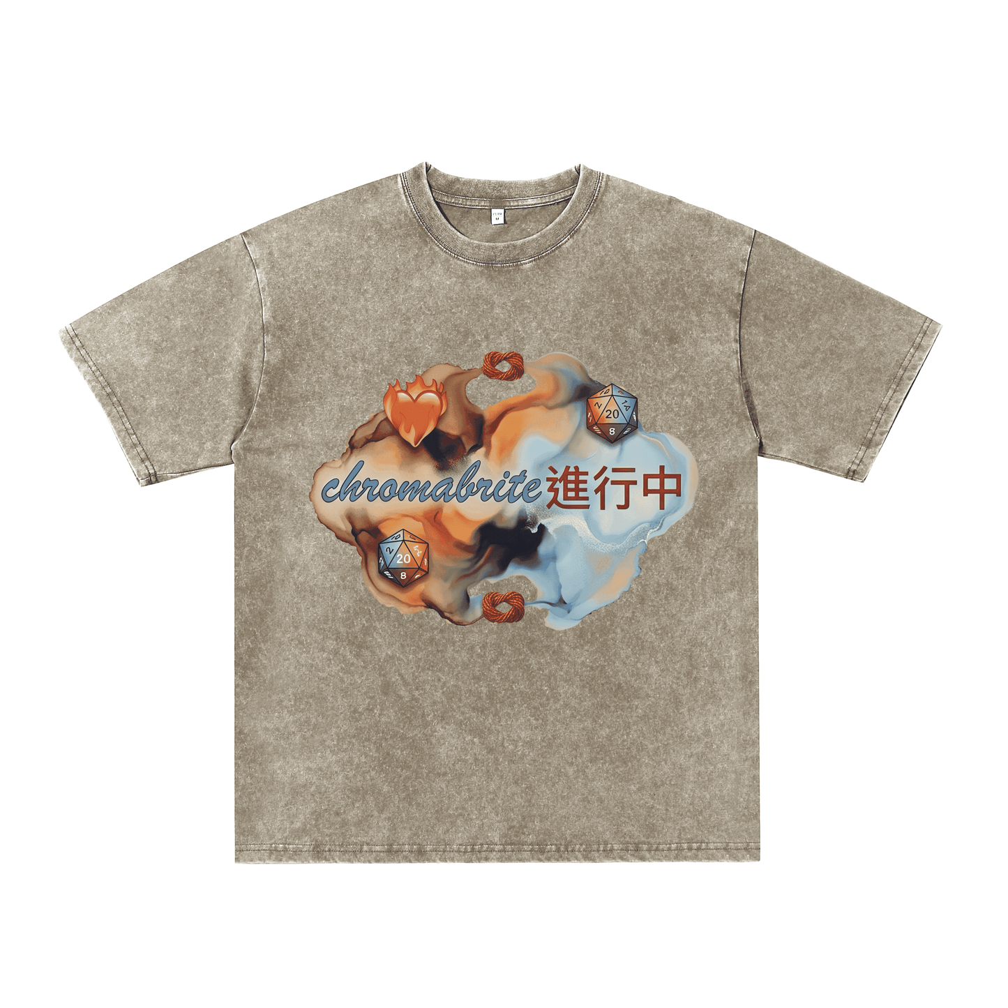 ChromaBrite Vintage Acid-Wash Oversized Graphic T-Shirt – Flaming Heart Dice "In Progress" Streetwear Tee ChromaBrite Clothing