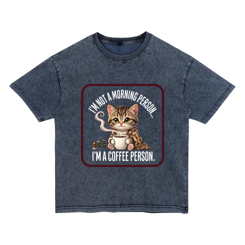 ChromaBrite "Morning Person" Cat Graphic T-Shirt | Distressed Oversized Boxy Tee Denim-Effect Washed Cotton ChromaBrite Clothing
