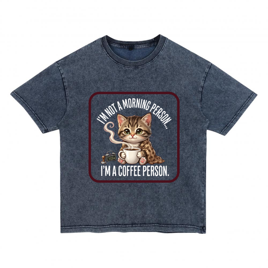 ChromaBrite "Morning Person" Cat Graphic T-Shirt | Distressed Oversized Boxy Tee Denim-Effect Washed Cotton