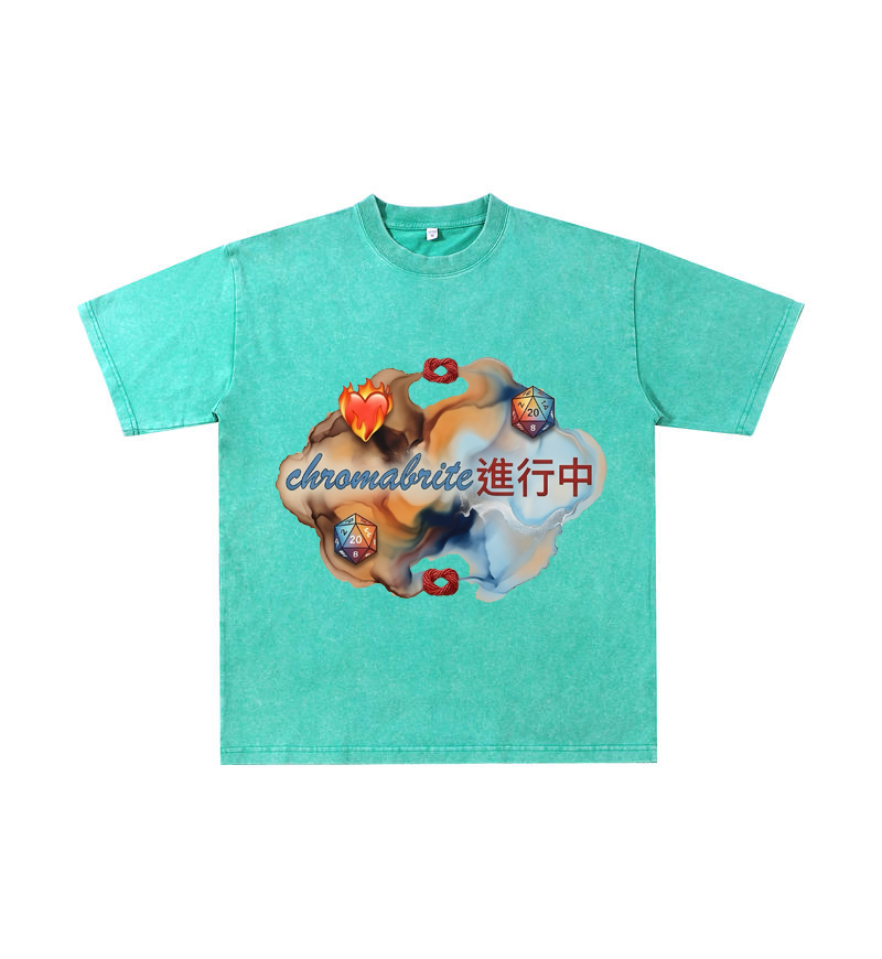ChromaBrite Vintage Acid-Wash Oversized Graphic T-Shirt – Flaming Heart Dice "In Progress" Streetwear Tee ChromaBrite Clothing