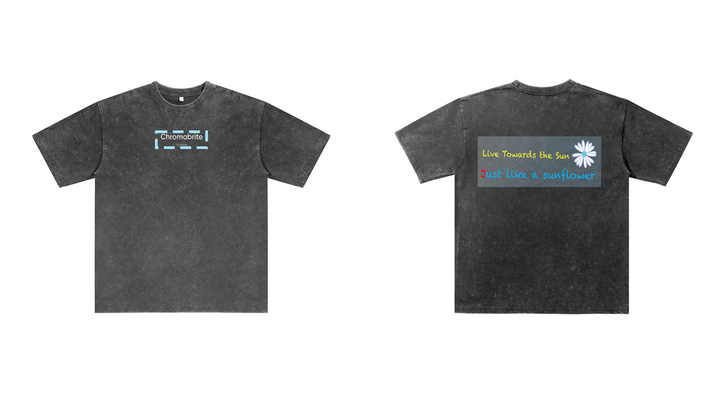 ChromaBrite Vintage Acid-Wash Oversized Graphic T-Shirt – "進行中" Wireframe Polyhedron Streetwear Unisex Tee ChromaBrite Clothing