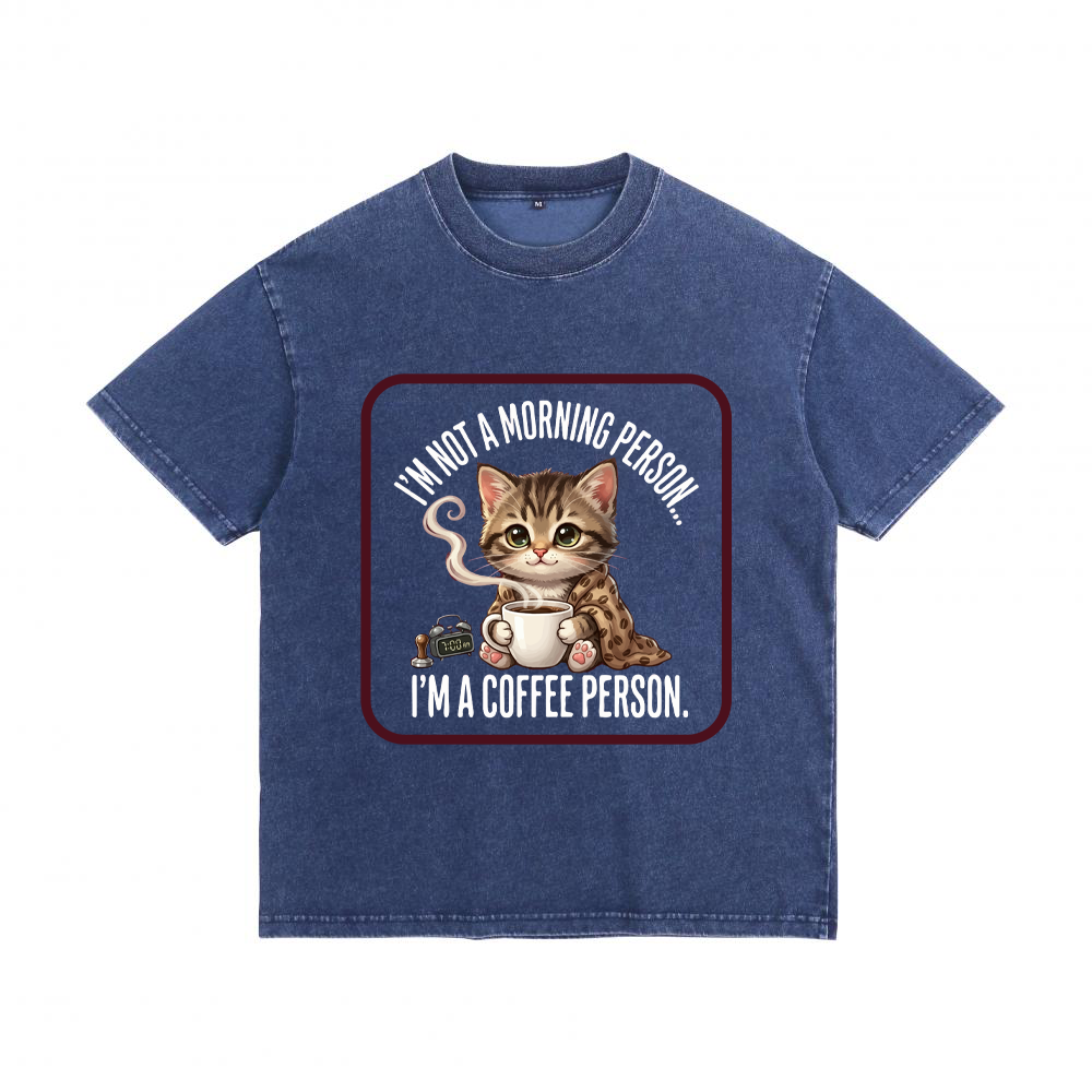 ChromaBrite "Morning Person" Cat Graphic T-Shirt | Distressed Oversized Boxy Tee Denim-Effect Washed Cotton ChromaBrite Clothing