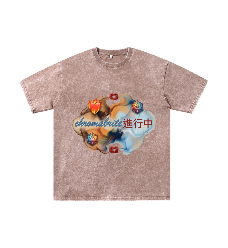 ChromaBrite Vintage Acid-Wash Oversized Graphic T-Shirt – Flaming Heart Dice "In Progress" Streetwear Tee ChromaBrite Clothing