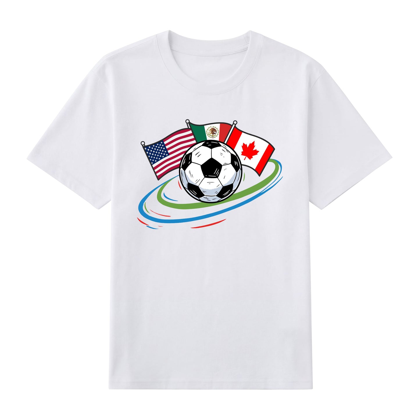 World Cup 2026 Host Nations — USA Mexico Canada Soccer Flag Graphic T-Shirt | Premium 200gsm Cotton | 3 Colors ChromaBrite Clothing