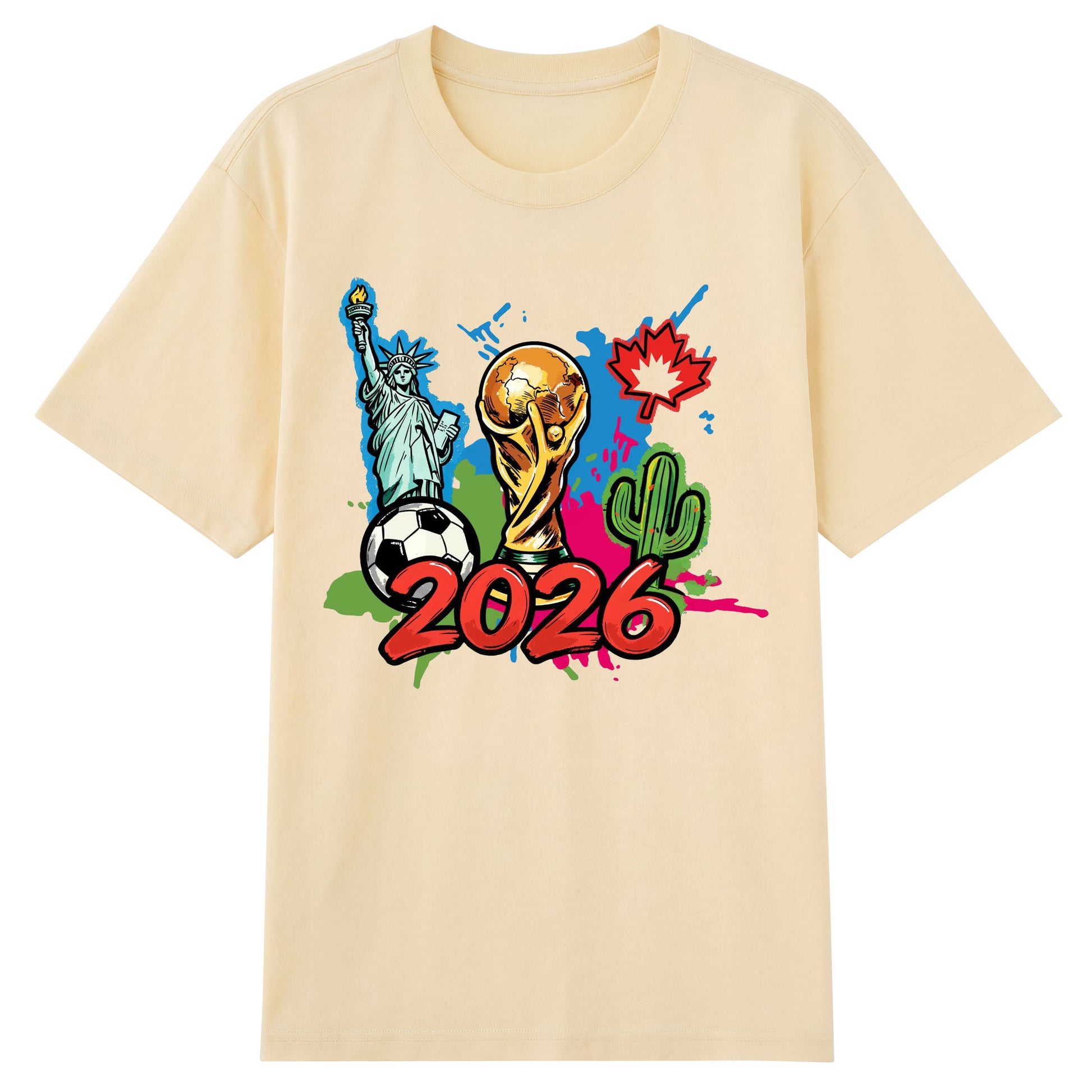 World Cup 2026 Icons — Statue of Liberty, Trophy & Maple Leaf Soccer Graphic T-Shirt | Premium 200gsm Cotton | 5 Colors ChromaBrite Clothing