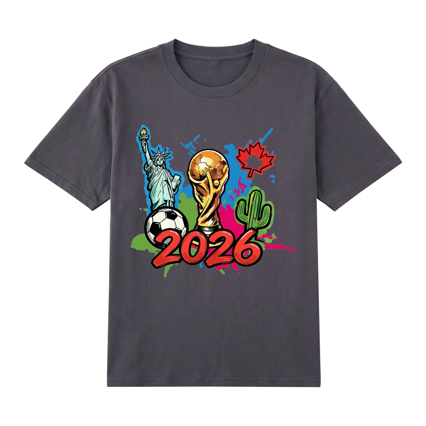 World Cup 2026 Icons — Statue of Liberty, Trophy & Maple Leaf Soccer Graphic T-Shirt | Premium 200gsm Cotton | 5 Colors ChromaBrite Clothing