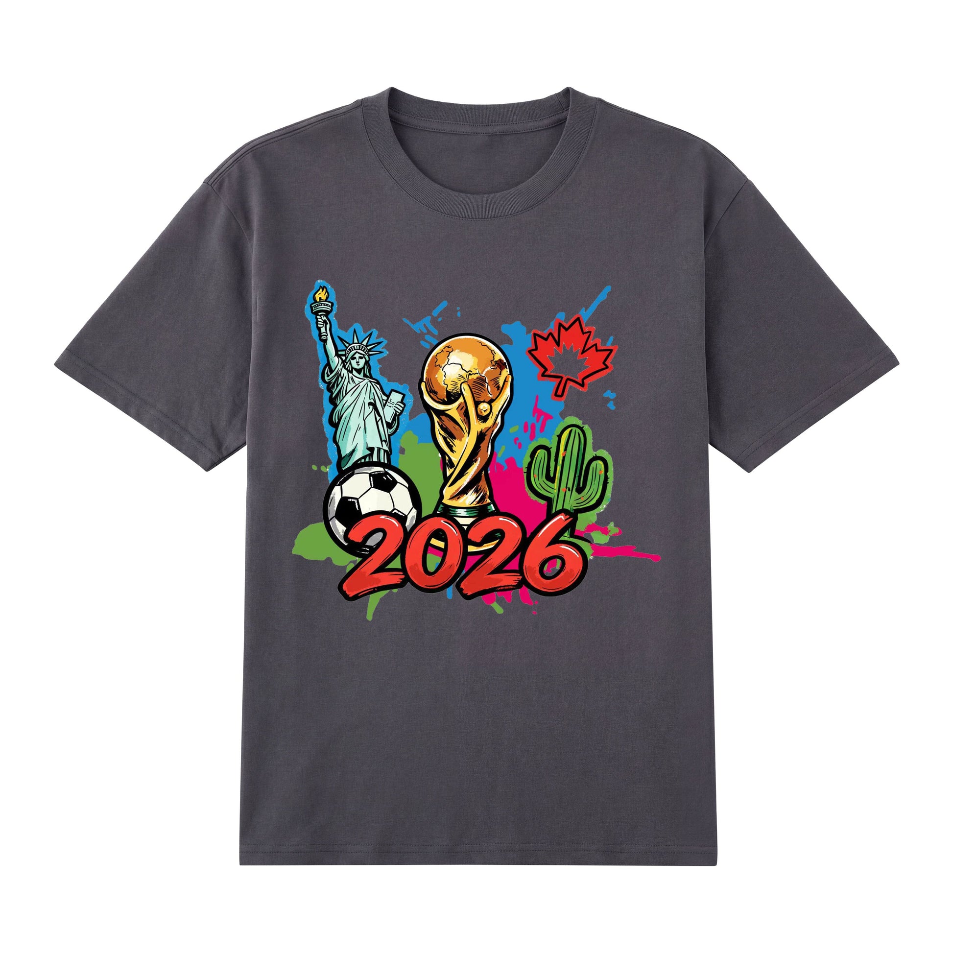World Cup 2026 Icons — Statue of Liberty, Trophy & Maple Leaf Soccer Graphic T-Shirt | Premium 200gsm Cotton | 5 Colors ChromaBrite Clothing