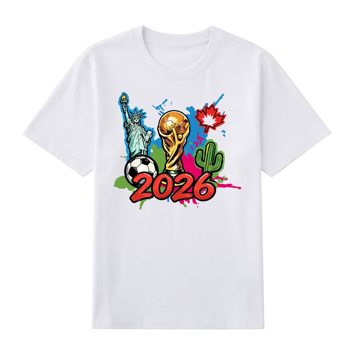 World Cup 2026 Icons — Statue of Liberty, Trophy & Maple Leaf Soccer Graphic T-Shirt | Premium 200gsm Cotton | 5 Colors ChromaBrite Clothing