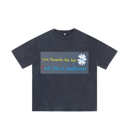 Chromabrite Vintage Acid-Wash Oversized Graphic T-Shirt – "Live Towards the Sun" Streetwear Sunflower Print Washed Cotton Tee