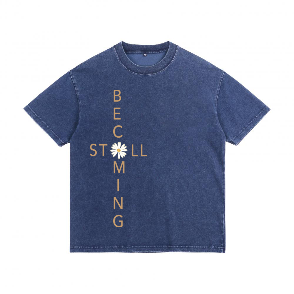 "Still Becoming" Cross-Graphic Acid Wash Tee Denim-Effect Washed Cotton