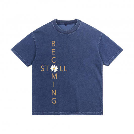 "Still Becoming" Cross-Graphic Acid Wash Tee Denim-Effect Washed Cotton