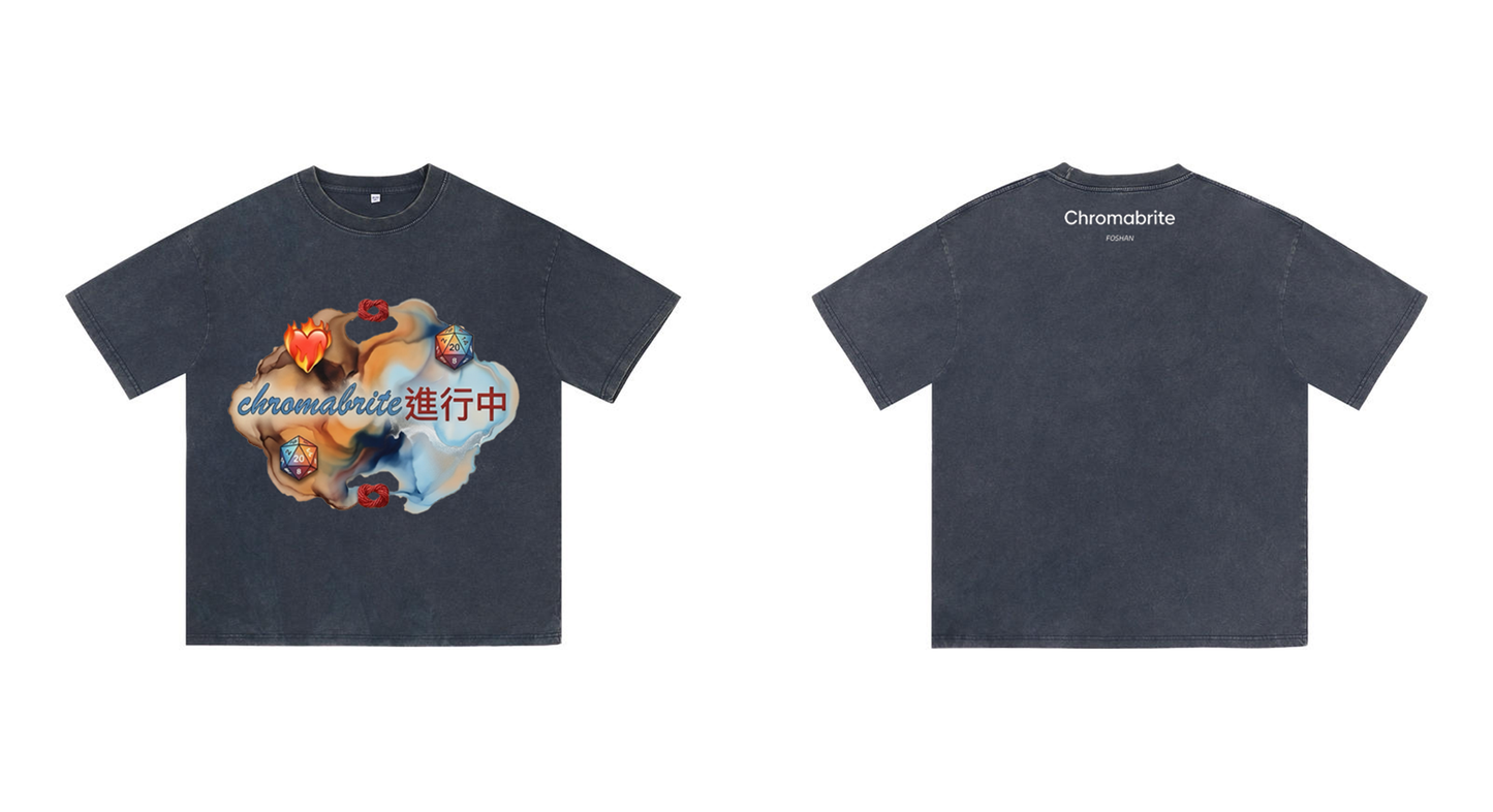 ChromaBrite Vintage Acid-Wash Oversized Graphic T-Shirt – Flaming Heart Dice "In Progress" Streetwear Tee ChromaBrite Clothing