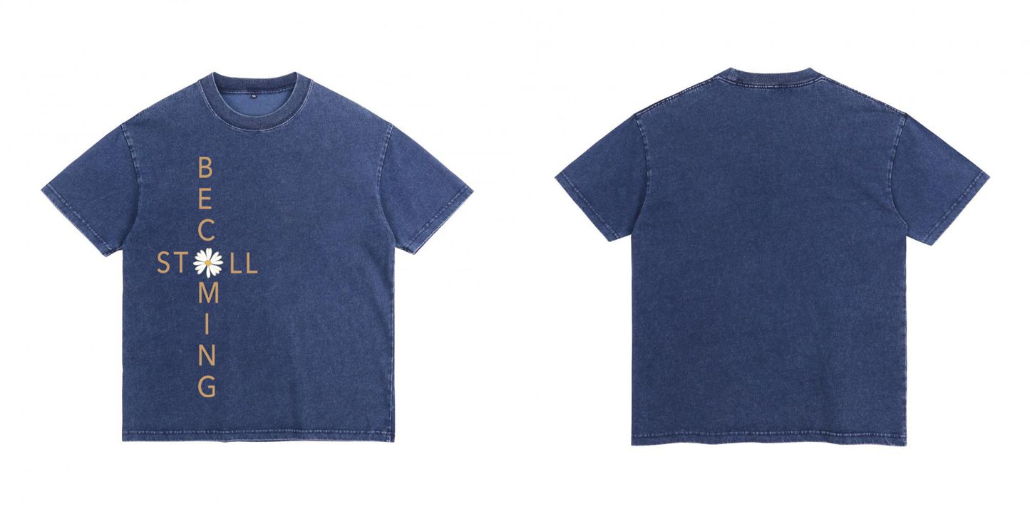 "Still Becoming" Cross-Graphic Acid Wash Tee Denim-Effect Washed Cotton