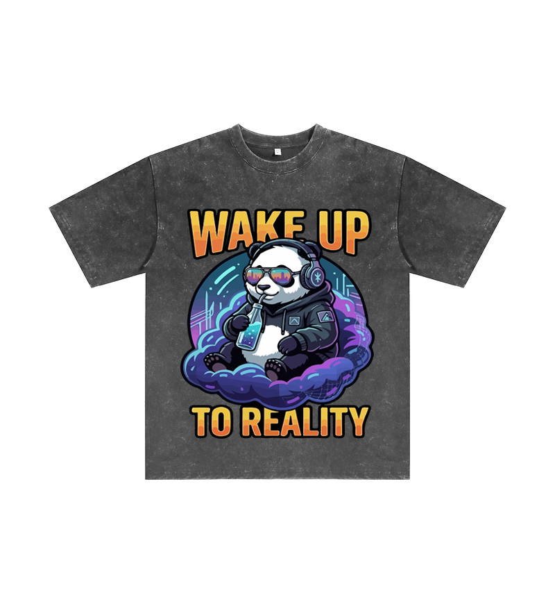"Wake Up to Reality" Panda Acid Wash Tee - Cyberpunk Aesthetic