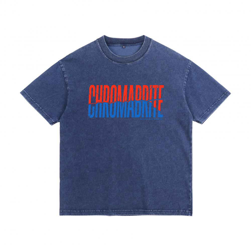 Acid Wash Charcoal Grey T-Shirt Unisex Oversized Drop Shoulder — CHROMADDITE Red Blue Split Print Streetwear Denim-Effect Washed Cotton