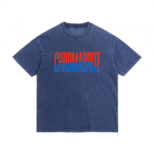 Acid Wash Charcoal Grey T-Shirt Unisex Oversized Drop Shoulder — CHROMADDITE Red Blue Split Print Streetwear Denim-Effect Washed Cotton
