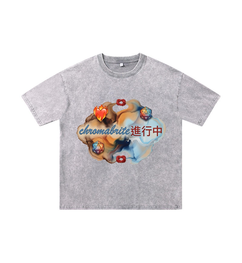 ChromaBrite Vintage Acid-Wash Oversized Graphic T-Shirt – Flaming Heart Dice "In Progress" Streetwear Tee ChromaBrite Clothing