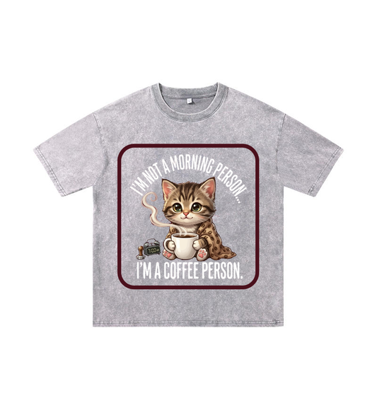 Chromabrite Vintage Mineral-Wash Oversized Graphic T-Shirt – "I'm Not A Morning Person" Cute Cat Coffee Print Streetwear Tee