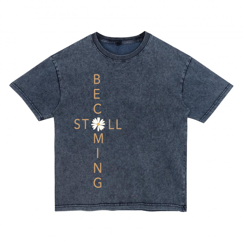 "Still Becoming" Cross-Graphic Acid Wash Tee Denim-Effect Washed Cotton