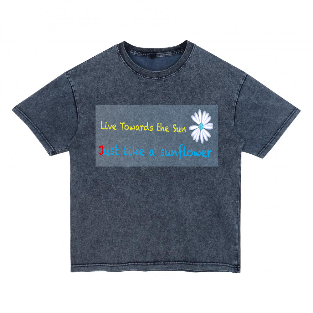 "Live Towards the Sun" Sunflower Acid Wash Tee Denim-Effect Washed Cotton