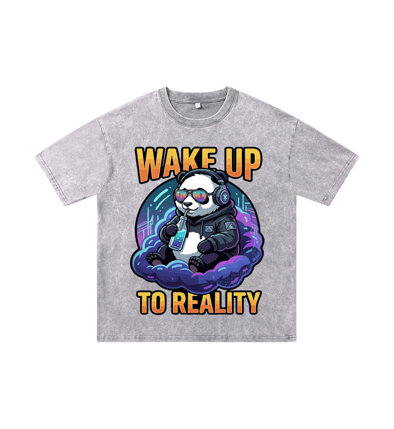 "Wake Up to Reality" Panda Acid Wash Tee - Cyberpunk Aesthetic
