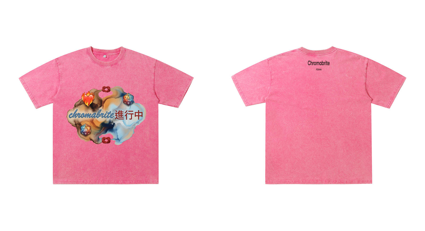 ChromaBrite Vintage Acid-Wash Oversized Graphic T-Shirt – Flaming Heart Dice "In Progress" Streetwear Tee ChromaBrite Clothing