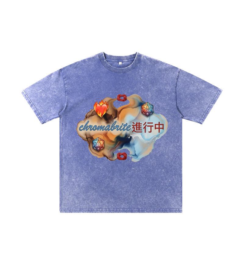 ChromaBrite Vintage Acid-Wash Oversized Graphic T-Shirt – Flaming Heart Dice "In Progress" Streetwear Tee ChromaBrite Clothing