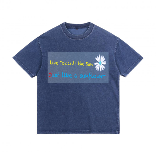 "Live Towards the Sun" Sunflower Acid Wash Tee Denim-Effect Washed Cotton