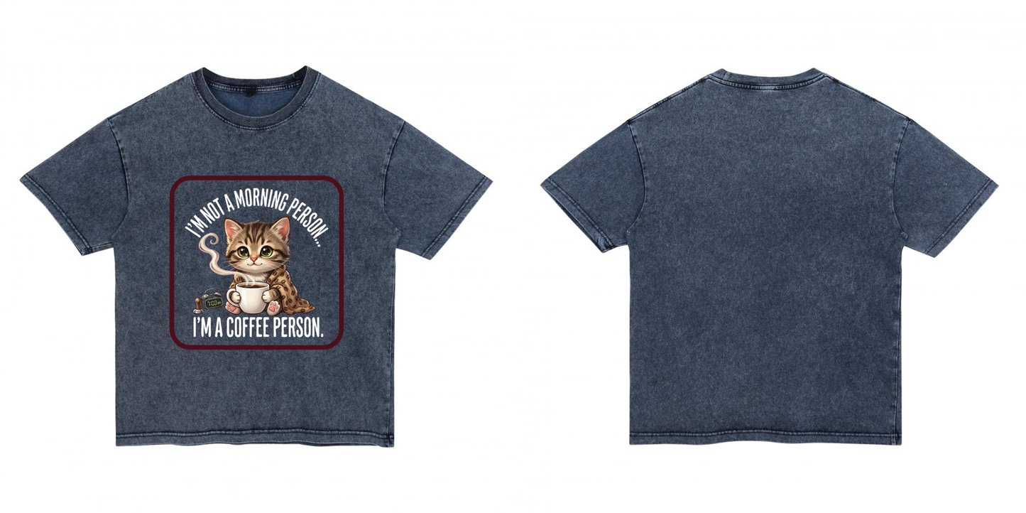 ChromaBrite "Morning Person" Cat Graphic T-Shirt | Distressed Oversized Boxy Tee Denim-Effect Washed Cotton ChromaBrite Clothing