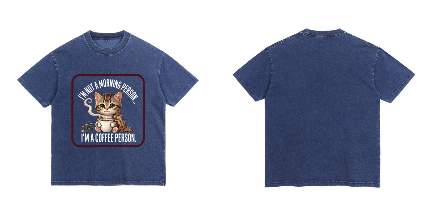 ChromaBrite "Morning Person" Cat Graphic T-Shirt | Distressed Oversized Boxy Tee Denim-Effect Washed Cotton ChromaBrite Clothing