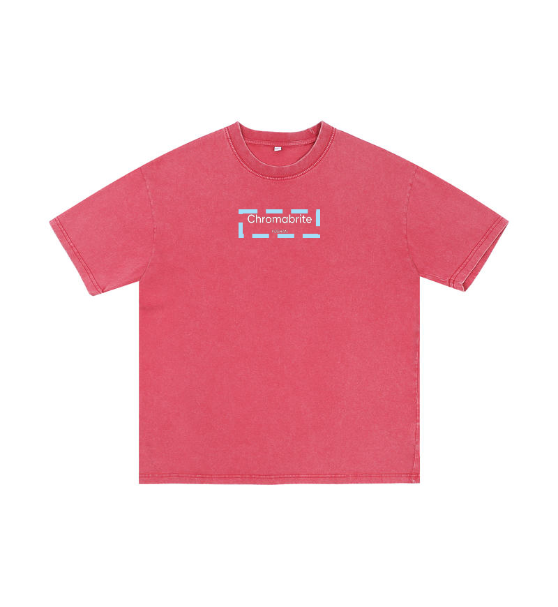 ChromaBrite Vintage Acid-Wash Oversized Graphic T-Shirt – "進行中" Wireframe Polyhedron Streetwear Unisex Tee ChromaBrite Clothing