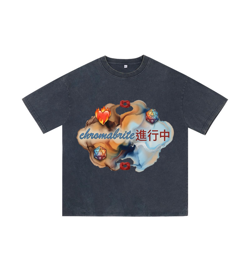 ChromaBrite Vintage Acid-Wash Oversized Graphic T-Shirt – Flaming Heart Dice "In Progress" Streetwear Tee ChromaBrite Clothing