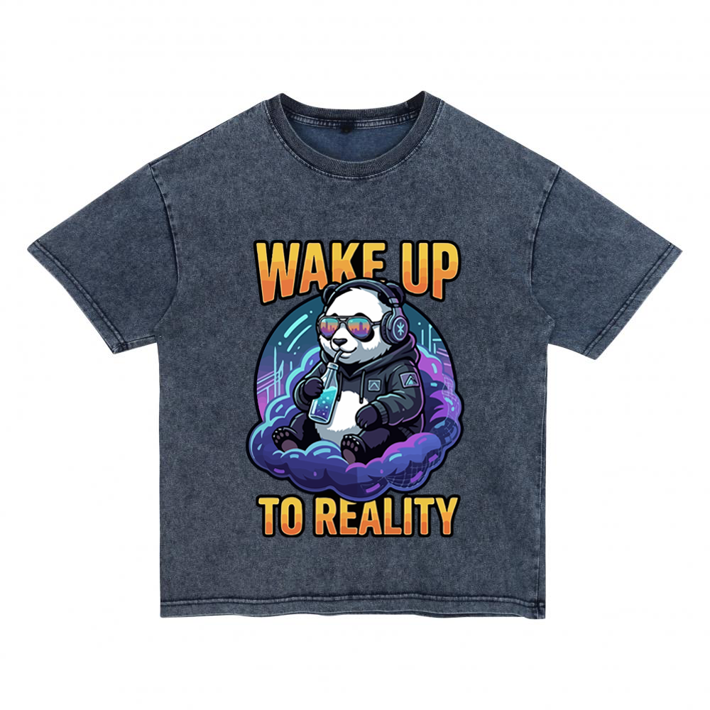 "Wake Up to Reality" Cyber Panda Acid Wash Tee Denim-Effect Washed Cotton