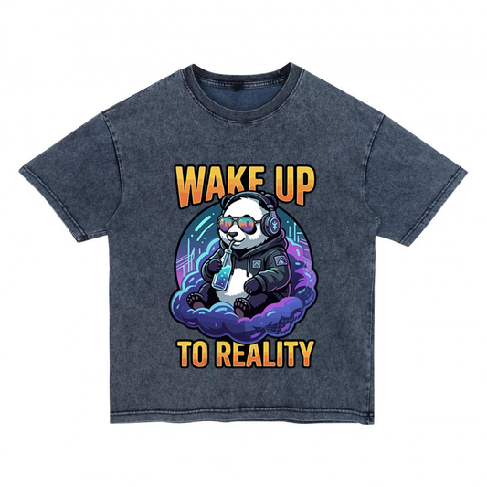 "Wake Up to Reality" Cyber Panda Acid Wash Tee Denim-Effect Washed Cotton