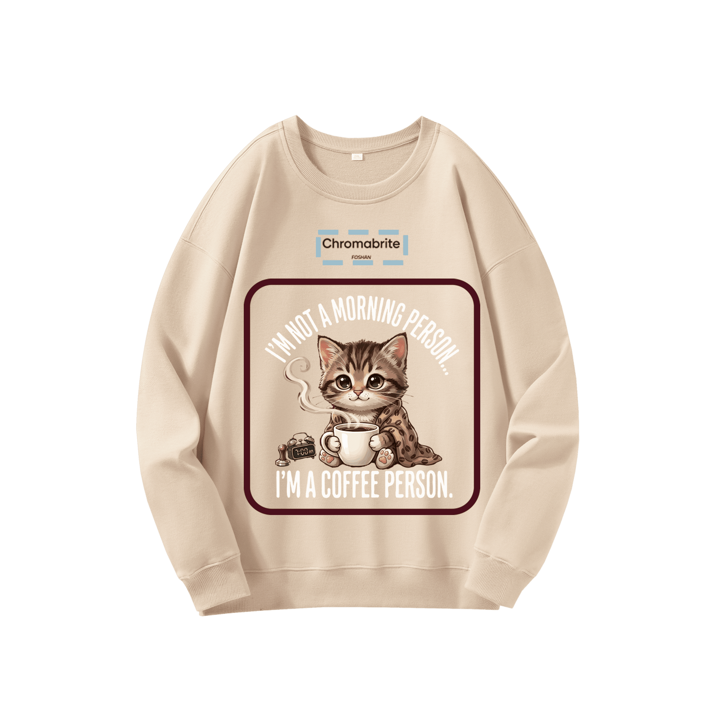 Funny Cat Coffee Graphic Crewneck Sweatshirt – “I’m Not A Morning Person, I’m A Coffee Person” Oversized Pullover ChromaBrite Clothing