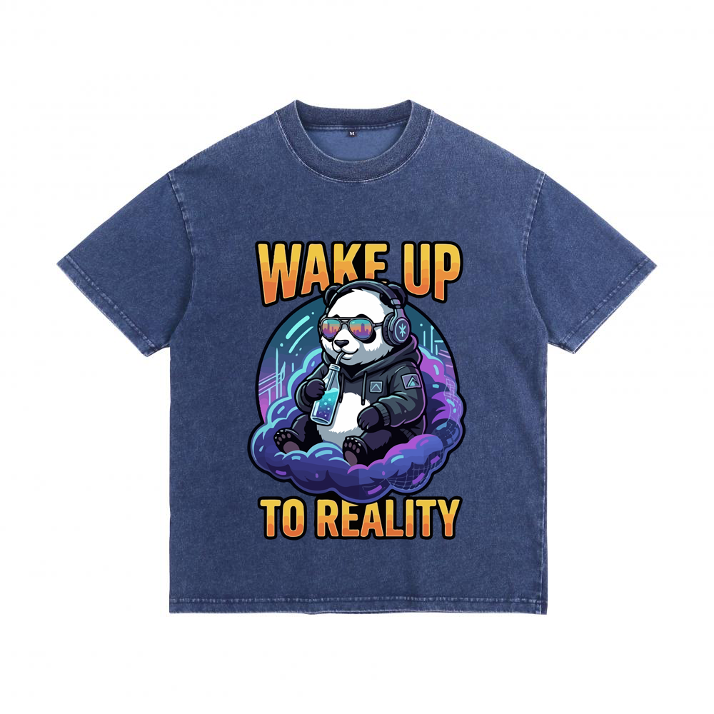 "Wake Up to Reality" Cyber Panda Acid Wash Tee Denim-Effect Washed Cotton