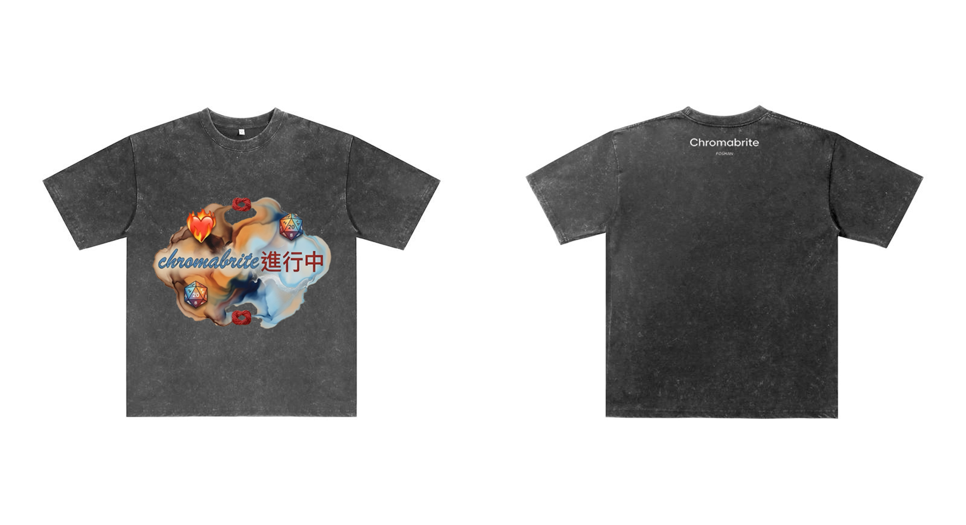 ChromaBrite Vintage Acid-Wash Oversized Graphic T-Shirt – Flaming Heart Dice "In Progress" Streetwear Tee ChromaBrite Clothing