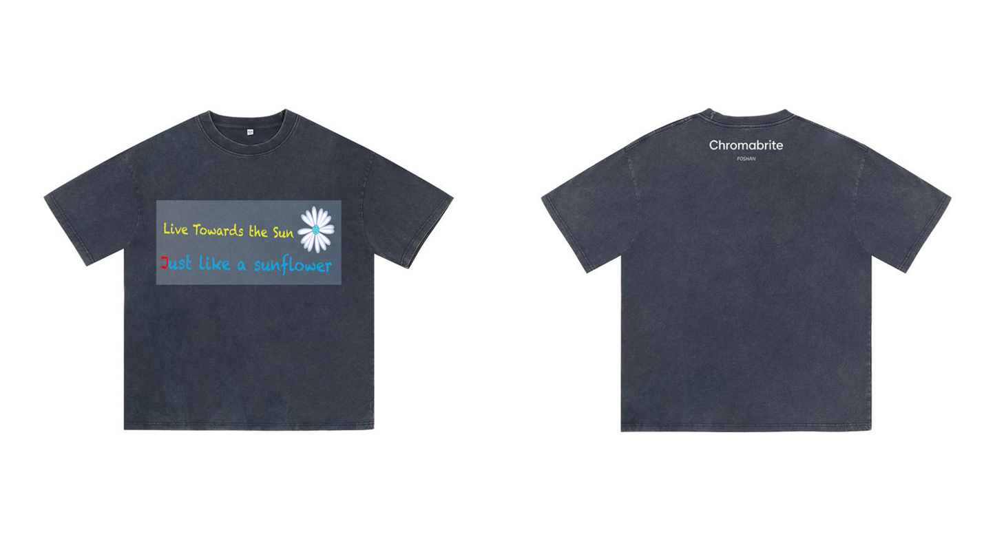 Chromabrite Vintage Acid-Wash Oversized Graphic T-Shirt – "Live Towards the Sun" Streetwear Sunflower Print Washed Cotton Tee ChromaBrite Clothing
