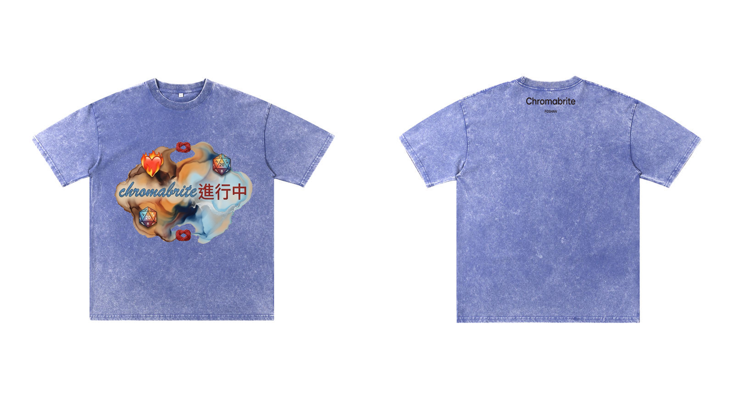 ChromaBrite Vintage Acid-Wash Oversized Graphic T-Shirt – Flaming Heart Dice "In Progress" Streetwear Tee ChromaBrite Clothing